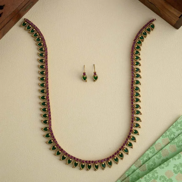 Traditional Maangaz Pattern Emerald Green and Ruby Stone Haram set